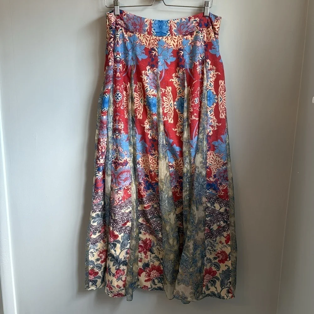 Anthropologie Hemant & Nandita Red Gold Blue Floral Louvre Maxi Skirt SZ L